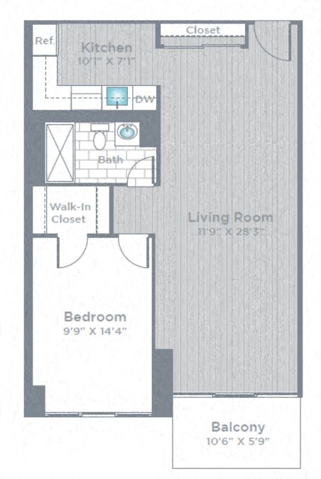 Floor plan for 1 bed, 1 bath, 670 sqft